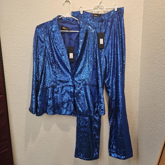 Fashion Nova Luxe Blue Sequin Suit Blazer & Trousers Womens XL Kamila Sequin Set - Picture 2 of 12